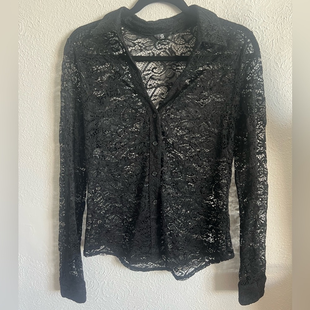 Guess Black Lace Button-Up Longsleeve Top